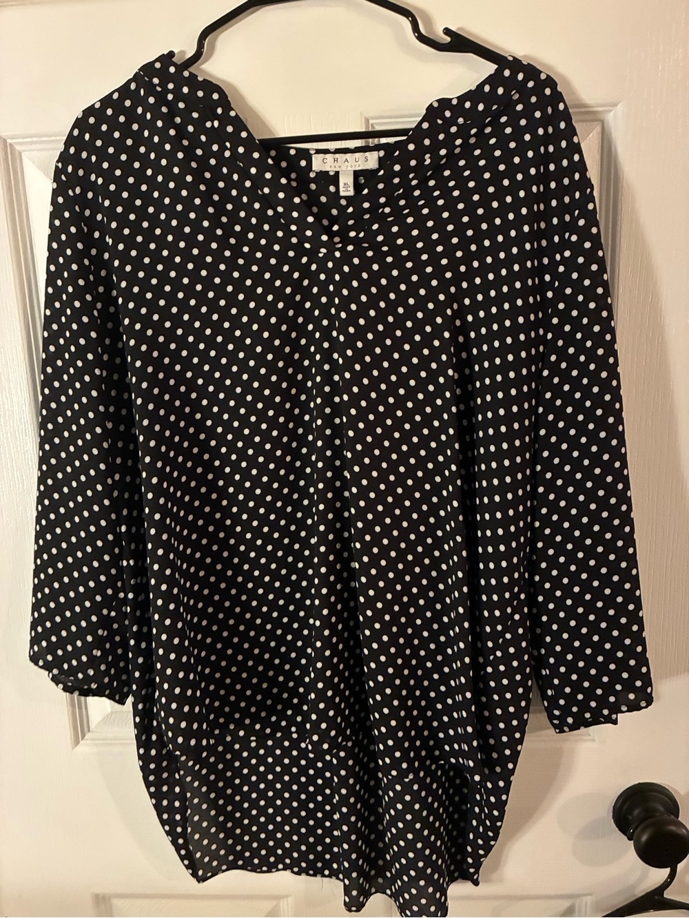 Chaus New York Black White Polka Dot Blouse XL 3/4 Sleeve